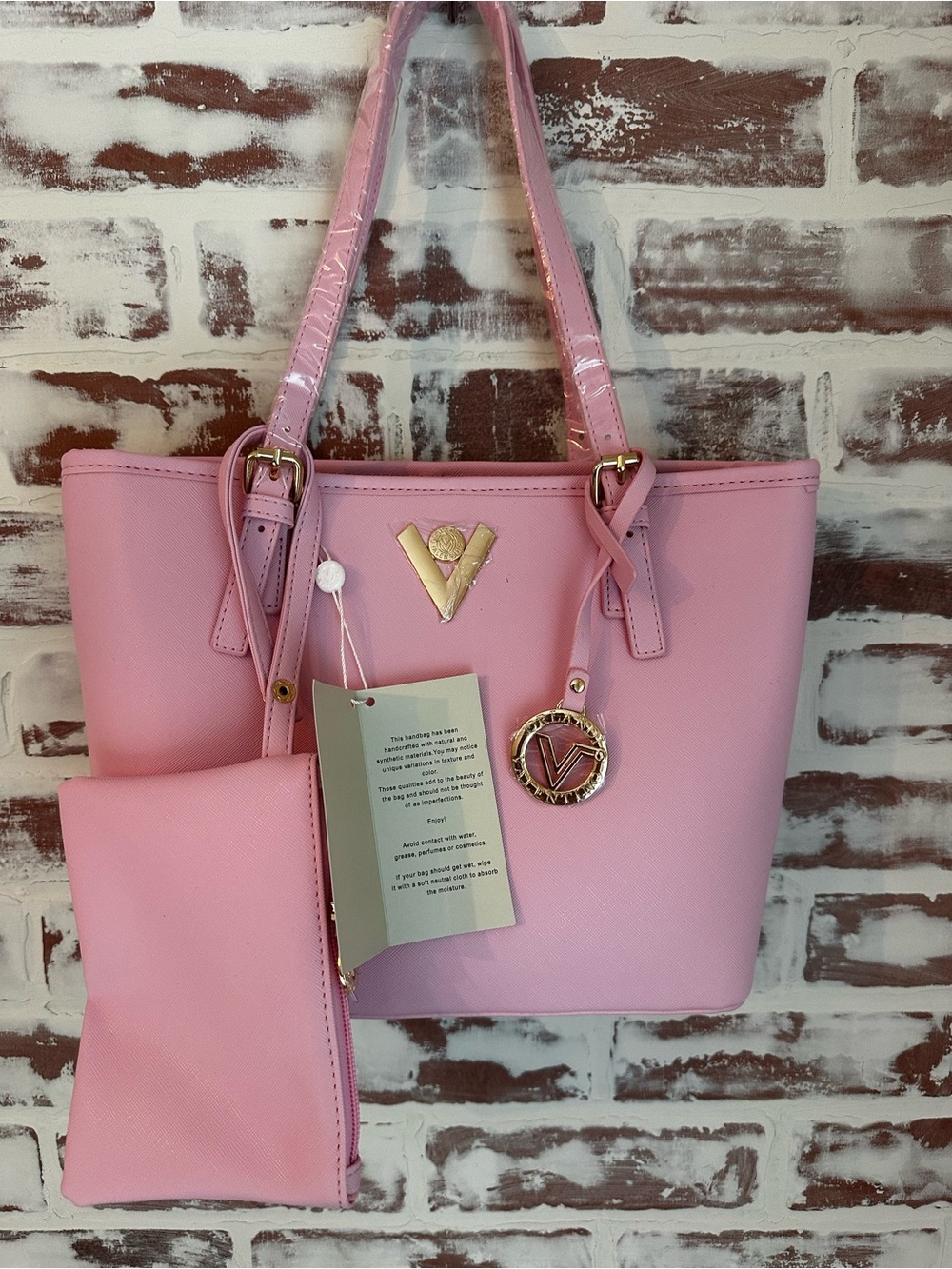 Valentino Orlandi Pink Tote with Removable Pouch and Gold Accents
